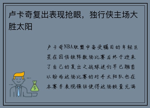 卢卡奇复出表现抢眼，独行侠主场大胜太阳